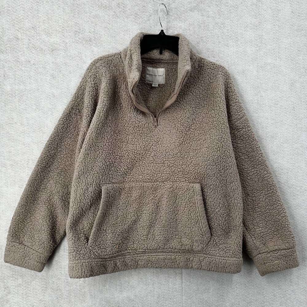 American Eagle Fleece Pullover Jacket‎ Womens MED Beige 1/4 Zip Long Sleeve Soft
